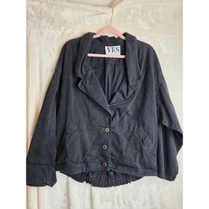 YES CLOTHING Women's Black Washed Denim Look Jacket Blazer‎ Button Front Pockets